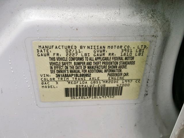 3N1AB6AP1BL695952 - 2011 NISSAN SENTRA 2.0 WHITE photo 10