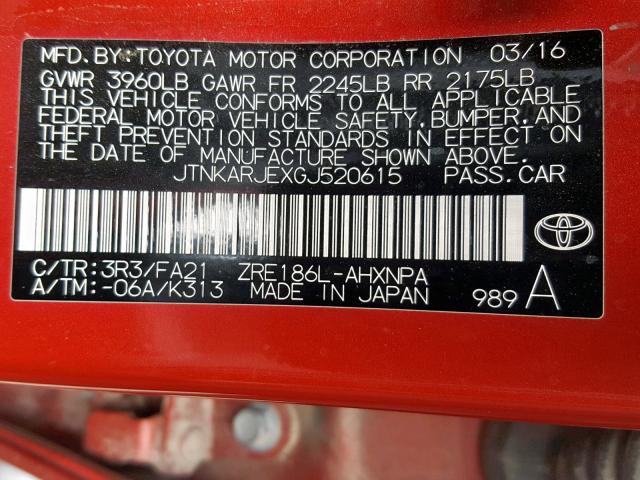 JTNKARJEXGJ520615 - 2016 TOYOTA SCION IM RED photo 10