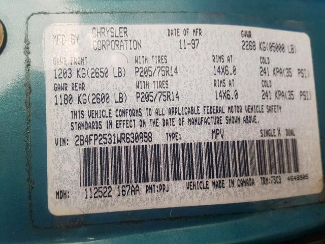 2B4FP2531WR630898 - 1998 DODGE CARAVAN BLUE photo 10