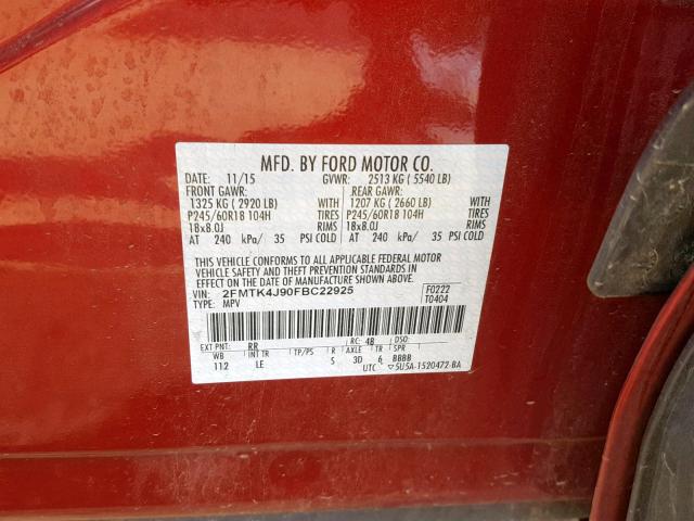 2FMTK4J90FBC22925 - 2015 FORD EDGE SEL RED photo 10