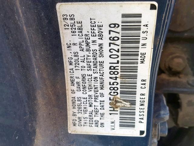 1HGEG8548RL027679 - 1994 HONDA CIVIC DX BLUE photo 10