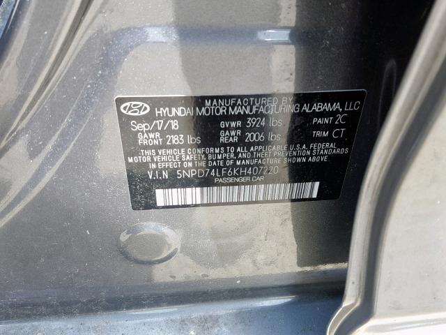 5NPD74LF6KH407220 - 2019 HYUNDAI ELANTRA SE GRAY photo 10