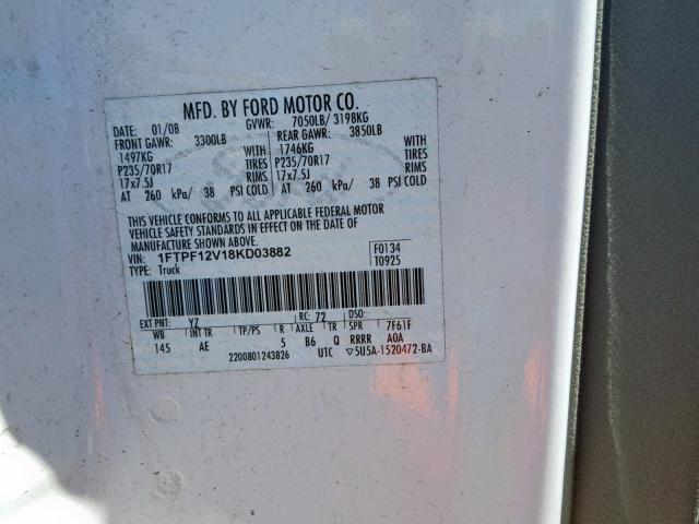 1FTPF12V18KD03882 - 2008 FORD F150 WHITE photo 10