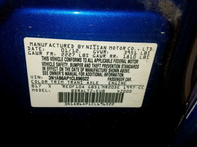 3N1AB6AP1CL696522 - 2012 NISSAN SENTRA 2.0 BLUE photo 10