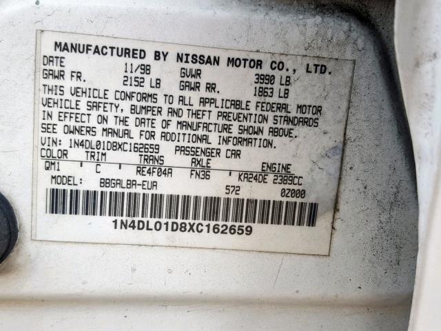 1N4DL01D8XC162659 - 1999 NISSAN ALTIMA XE WHITE photo 10