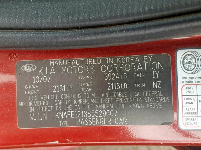 KNAFE121385529607 - 2008 KIA SPECTRA EX RED photo 10