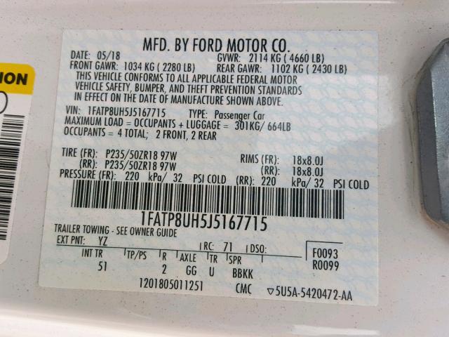 1FATP8UH5J5167715 - 2018 FORD MUSTANG WHITE photo 10