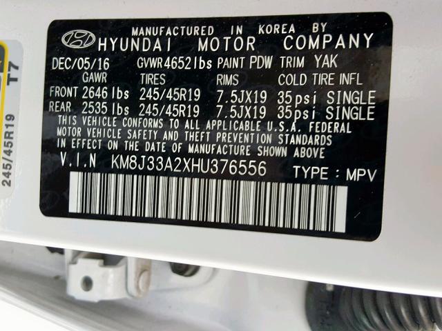 KM8J33A2XHU376556 - 2017 HYUNDAI TUCSON LIM WHITE photo 10