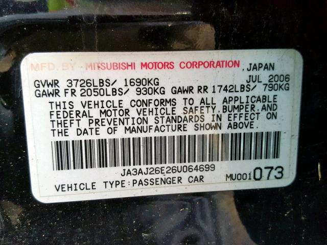 JA3AJ26E26U064699 - 2006 MITSUBISHI LANCER ES BLACK photo 10