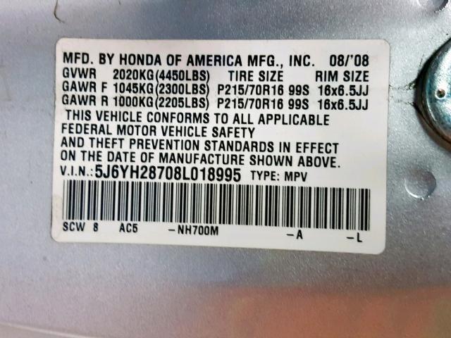 5J6YH28708L018995 - 2008 HONDA ELEMENT EX SILVER photo 10