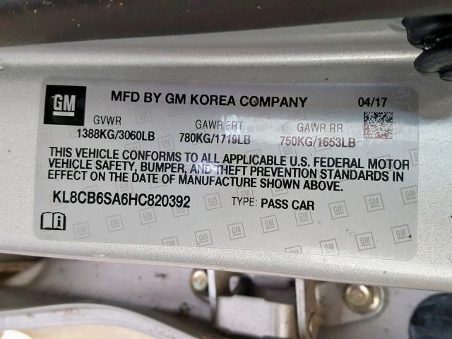 KL8CB6SA6HC820392 - 2017 CHEVROLET SPARK LS SILVER photo 10