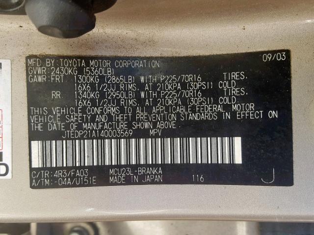 JTEDP21A140003569 - 2004 TOYOTA HIGHLANDER GOLD photo 10