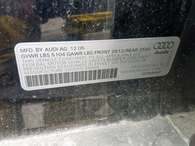 WAUAH74F26N121867 - 2006 AUDI A6 3.2 BLACK photo 10