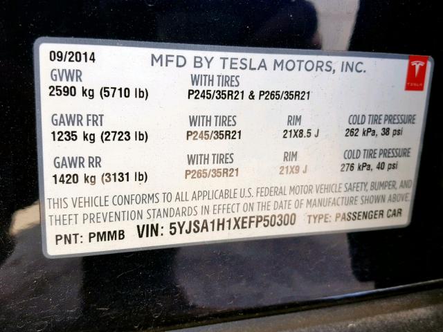 5YJSA1H1XEFP50300 - 2014 TESLA MODEL S Կապույտ լուսանկար 10
