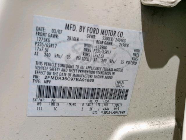 2FMDK36C97BA91885 - 2007 FORD EDGE SE WHITE photo 10