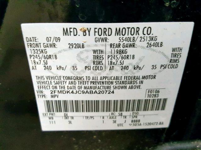 2FMDK4JC9ABA20724 - 2010 FORD EDGE SEL BLUE photo 10