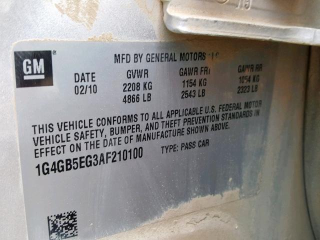 1G4GB5EG3AF210100 - 2010 BUICK LACROSSE C SILVER photo 10