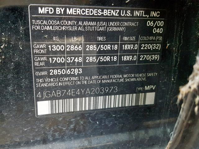 4JGAB74E4YA203973 - 2000 MERCEDES-BENZ ML 55 BLACK photo 10