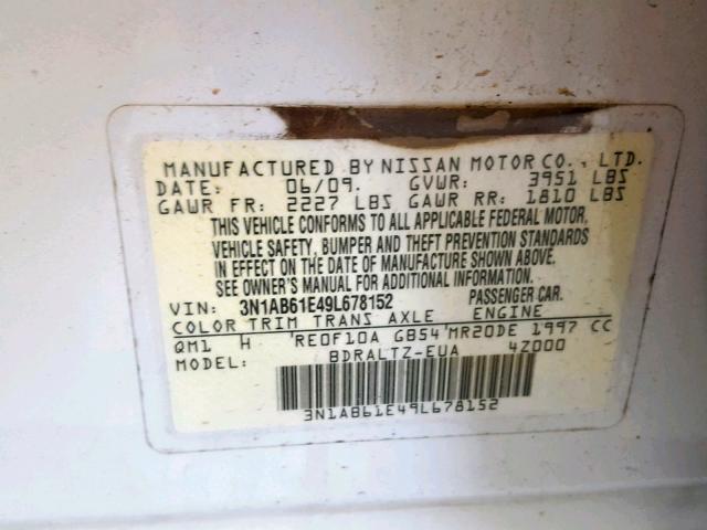 3N1AB61E49L678152 - 2009 NISSAN SENTRA 2.0 WHITE photo 10