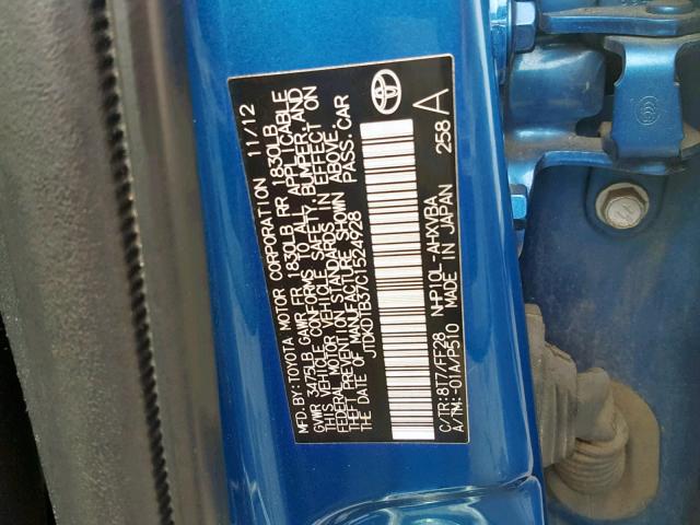 JTDKDTB37C1524928 - 2012 TOYOTA PRIUS C BLUE photo 10