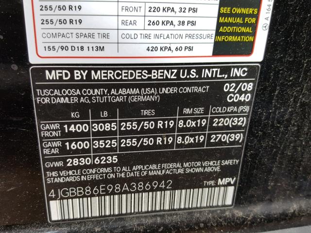 4JGBB86E98A386942 - 2008 MERCEDES-BENZ ML 350 BLACK photo 10