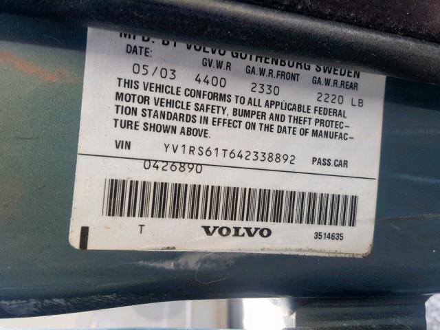 YV1RS61T642338892 - 2004 VOLVO S60 BLUE photo 10