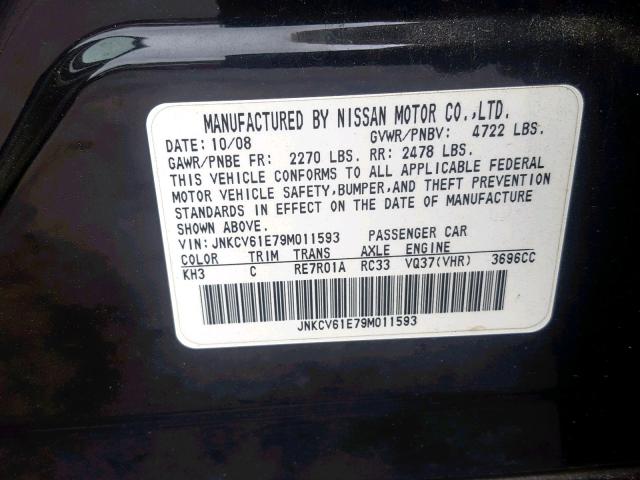 JNKCV61E79M011593 - 2009 INFINITI G37 BASE BLACK photo 10