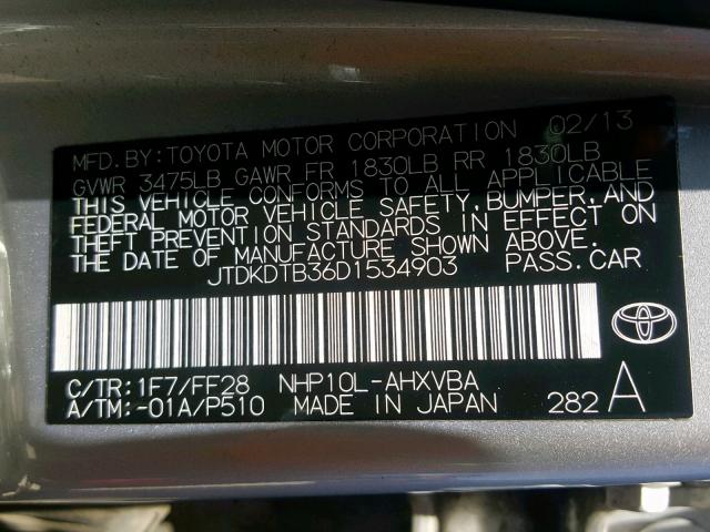 JTDKDTB36D1534903 - 2013 TOYOTA PRIUS C GRAY photo 10