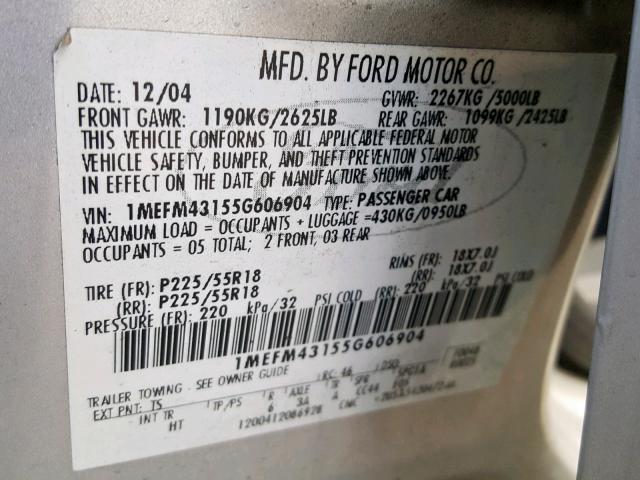 1MEFM43155G606904 - 2005 MERCURY MONTEGO PR ვერცხლისფერი ფოტო 10