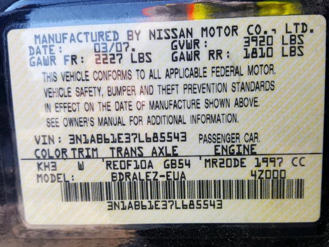 3N1AB61E37L685543 - 2007 NISSAN SENTRA 2.0 BLACK photo 10