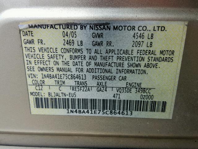 1N4BA41E75C864613 - 2005 NISSAN MAXIMA SE BLACK photo 10