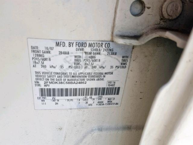 2FMDK38C58BA24862 - 2008 FORD EDGE SEL WHITE photo 10