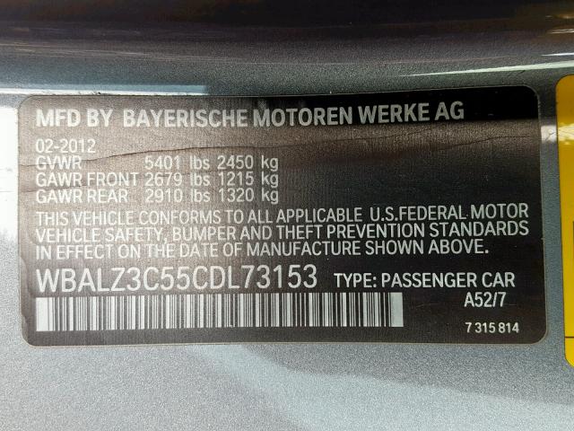 WBALZ3C55CDL73153 - 2012 BMW 650 I GRAY photo 10