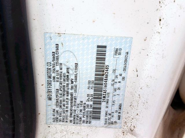 2FMZA51604BA62485 - 2004 FORD FREESTAR S WHITE photo 10