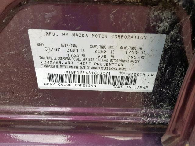 JM1BK12F481803071 - 2008 MAZDA 3 I PURPLE photo 10