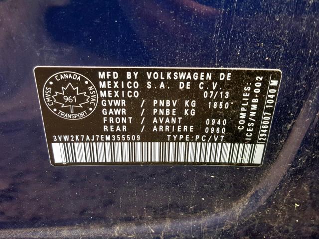 3VW2K7AJ7EM355509 - 2014 VOLKSWAGEN JETTA BASE 蓝色 照片 10