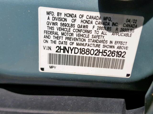 2HNYD18802H526192 - 2002 ACURA MDX TOURIN BLUE photo 10