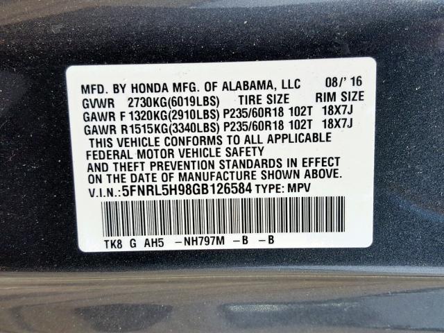 5FNRL5H98GB126584 - 2016 HONDA ODYSSEY TO GRAY photo 10