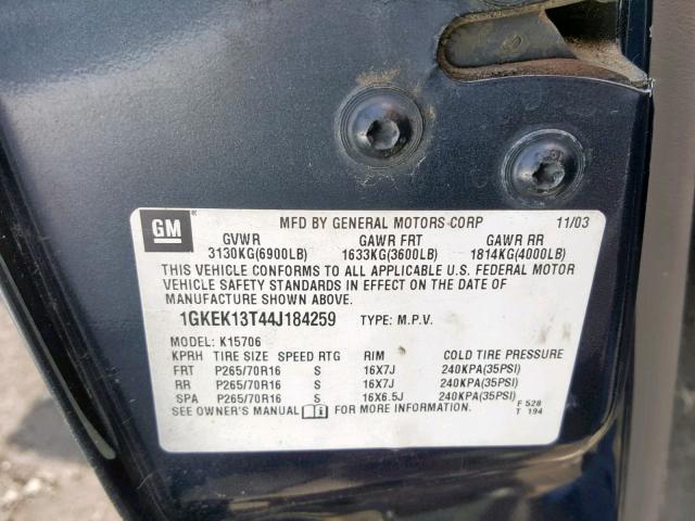 1GKEK13T44J184259 - 2004 GMC YUKON BLACK photo 10