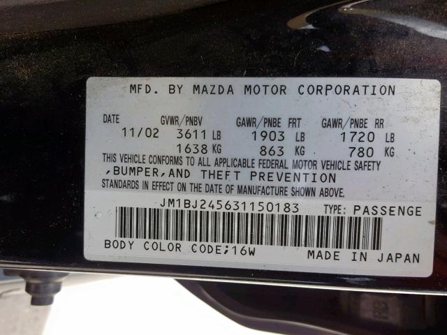 JM1BJ245631150183 - 2003 MAZDA PROTEGE PR BLACK photo 10