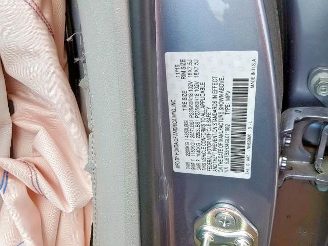 5J8TB3H34GL011682 - 2016 ACURA RDX SILVER photo 10