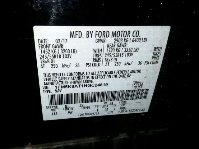 1FM5K8AT1HGC24819 - 2017 FORD EXPLORER P BLACK photo 10