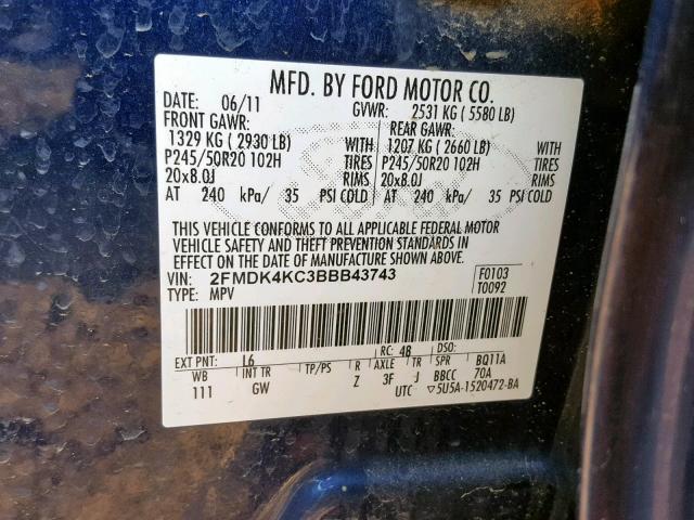 2FMDK4KC3BBB43743 - 2011 FORD EDGE LIMIT BLUE photo 10