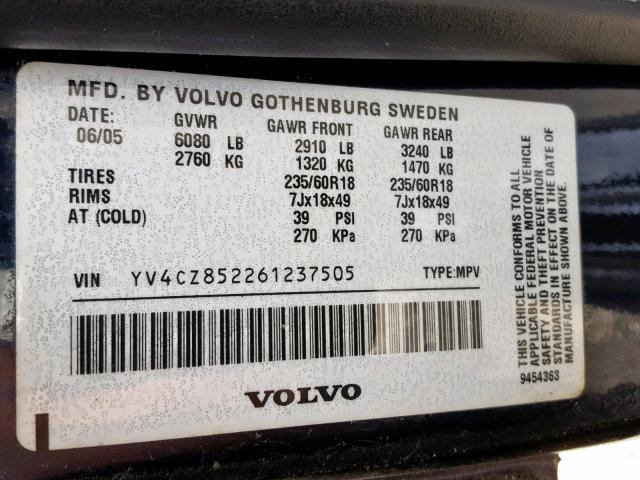 YV4CZ852261237505 - 2006 VOLVO XC90 V8 BLUE photo 10