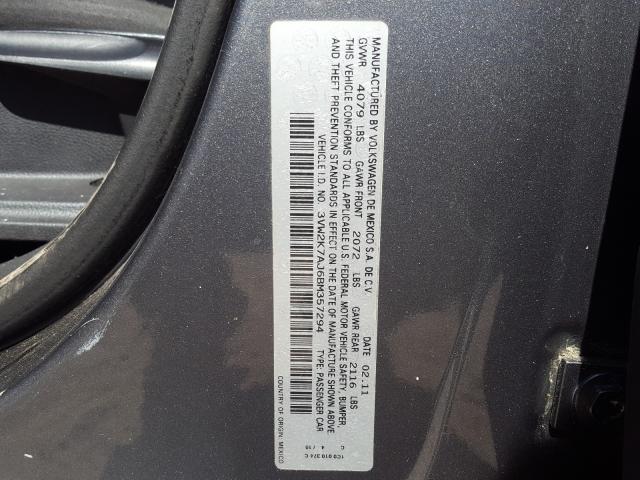 3VW2K7AJ6BM357294 - 2011 VOLKSWAGEN JETTA BASE ნაცრისფერი ფოტო 10