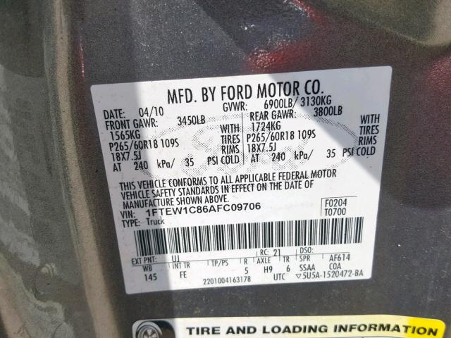 1FTEW1C86AFC09706 - 2010 FORD F150 SUPER GRAY photo 10