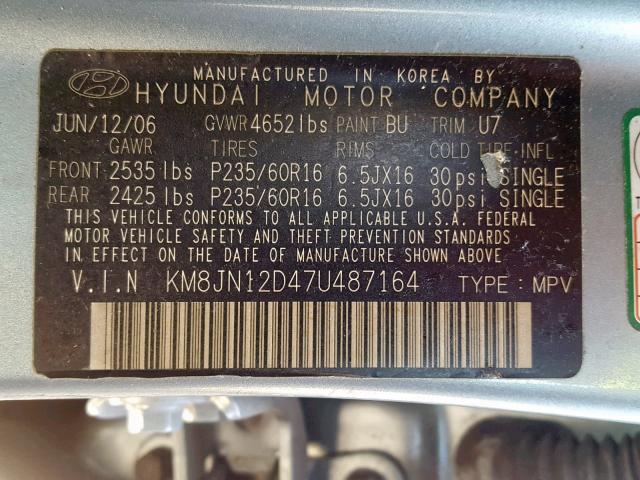 KM8JN12D47U487164 - 2007 HYUNDAI TUCSON SE GREEN photo 10