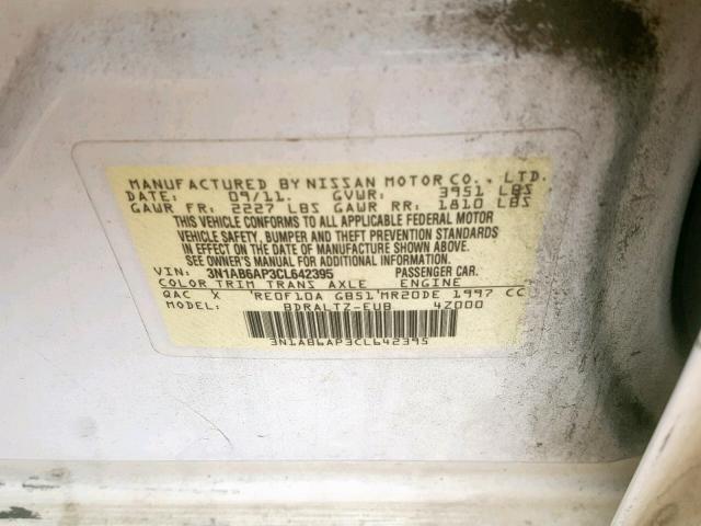 3N1AB6AP3CL642395 - 2012 NISSAN SENTRA 2.0 WHITE photo 10