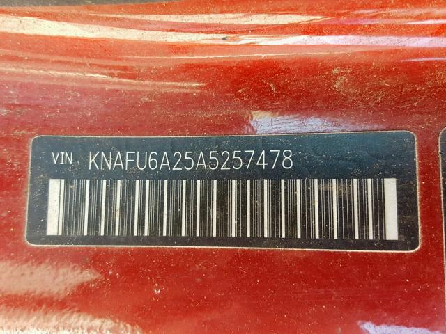 KNAFU6A25A5257478 - 2010 KIA FORTE EX RED photo 10