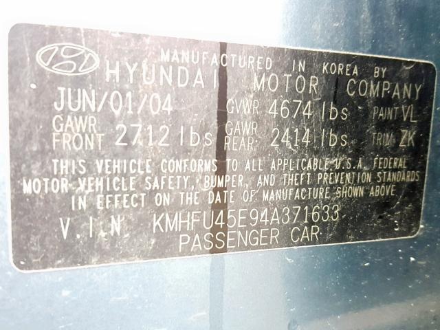 KMHFU45E94A371633 - 2004 HYUNDAI XG 350 TURQUOISE photo 10